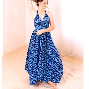 Vacation Dress Turquoise Blue Geometric Print Sleeveless Party Maxi Dress Large